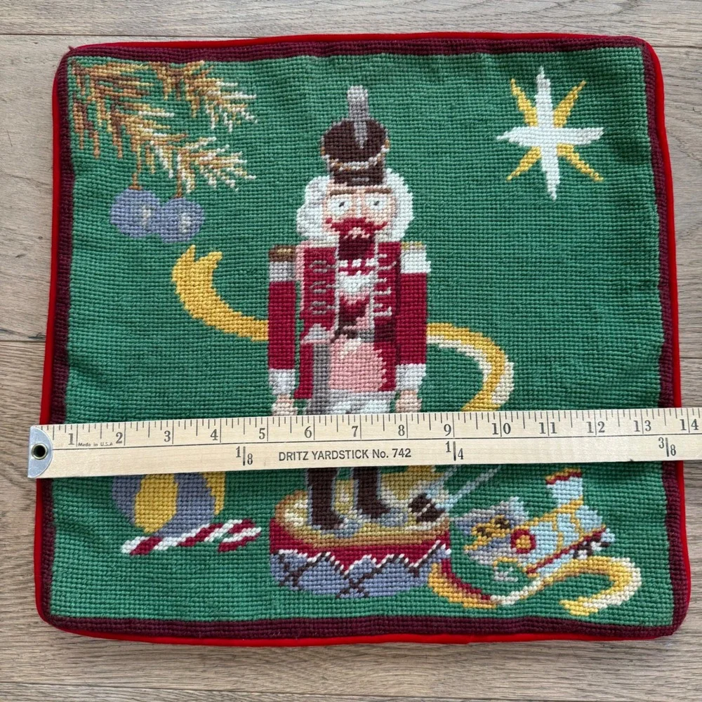 Vintage Nutcracker Needlepoint Pillow Cover Christmas Holiday Red Velvet 13.5